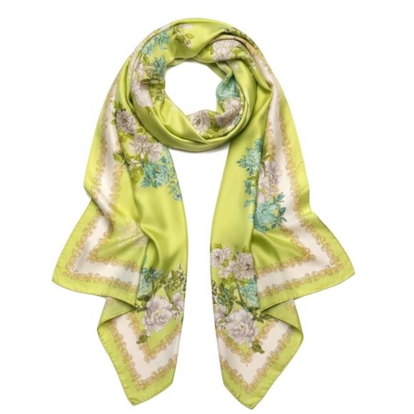 Flower Barn Accessories - Green Floral Satin Scarf Lightweight Shawl Wrap Elegant Summer Accessory